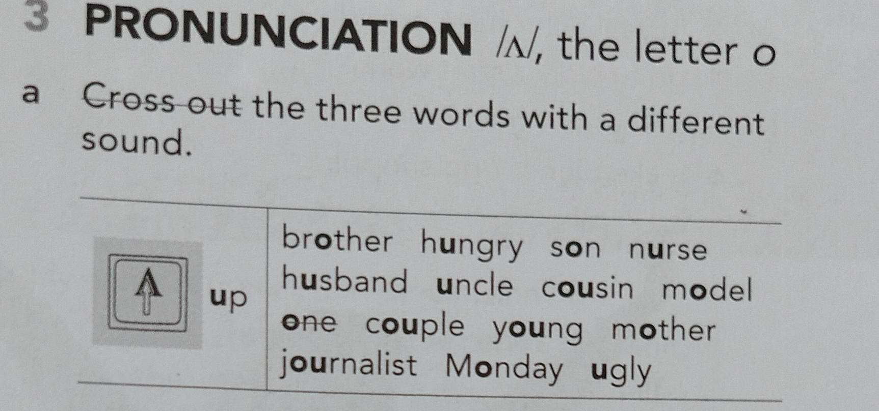 PRONUNCIATION //, the letter o 
a Cross out the three words with a different 
sound.