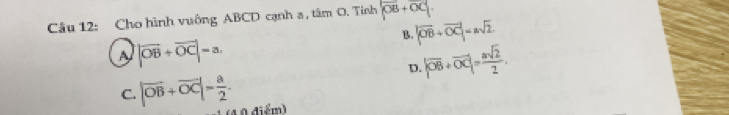 Cho hình vuông ABCD cạnh a , tâm O. Tính |overline OB+overline OC|.
B. |vector OB+vector OC|=asqrt(2).
A |vector OB+vector OC|=a
D. |vector OB+vector OC|= asqrt(2)/2 .
C. |overline OB+overline OC|= a/2 . ( diểm)