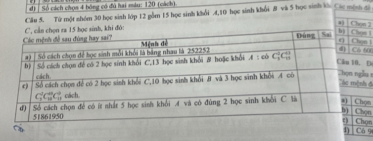 Số cách chọn 4 bông có đủ hai mâu: 120 (cách).
Câu 5. Từ một nhóm 30 học sinh lớp 12 gồm 15 học sinh khối A,10 học sinh khối B và 5 học sinh kh Các mệnh đá
2
khi đó:
I
1
0
Đ
n
đ
n
n
n
9