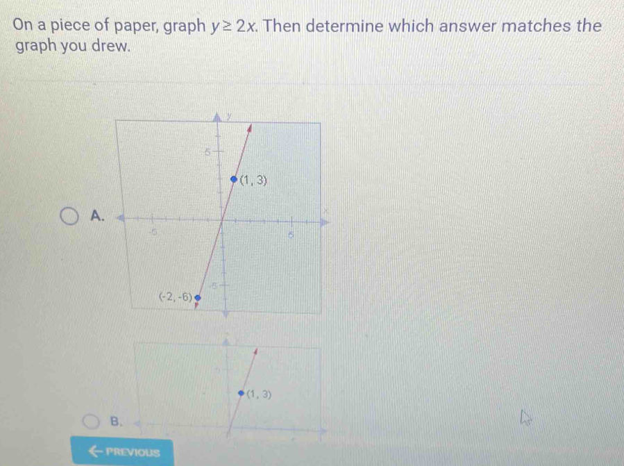 On a piece of paper, graph y≥ 2x Then determine which answer matches the
graph you drew.
A
PREVIOUS