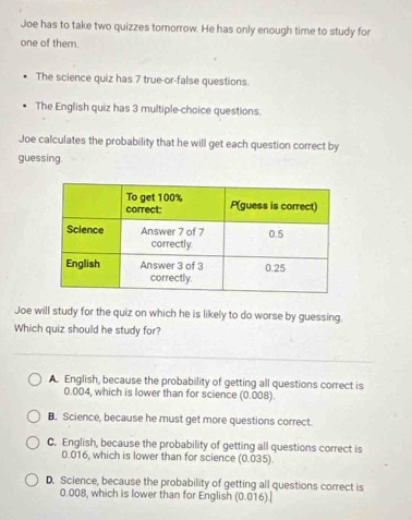 Joe has to take two quizzes tomorrow. He has only enough time to study for
one of them.
The science quiz has 7 true-or-false questions.
The English quiz has 3 multiple-choice questions.
Joe calculates the probability that he will get each question correct by
guessing.
Joe will study for the quiz on which he is likely to do worse by guessing
Which quiz should he study for?
A. English, because the probability of getting all questions correct is
0.004, which is lower than for science (0.008)
B. Science, because he must get more questions correct.
C. English, because the probability of getting all questions correct is
0.016, which is lower than for science (0.035).
D. Science, because the probability of getting all questions correct is
0.008, which is lower than for English (0.016).|