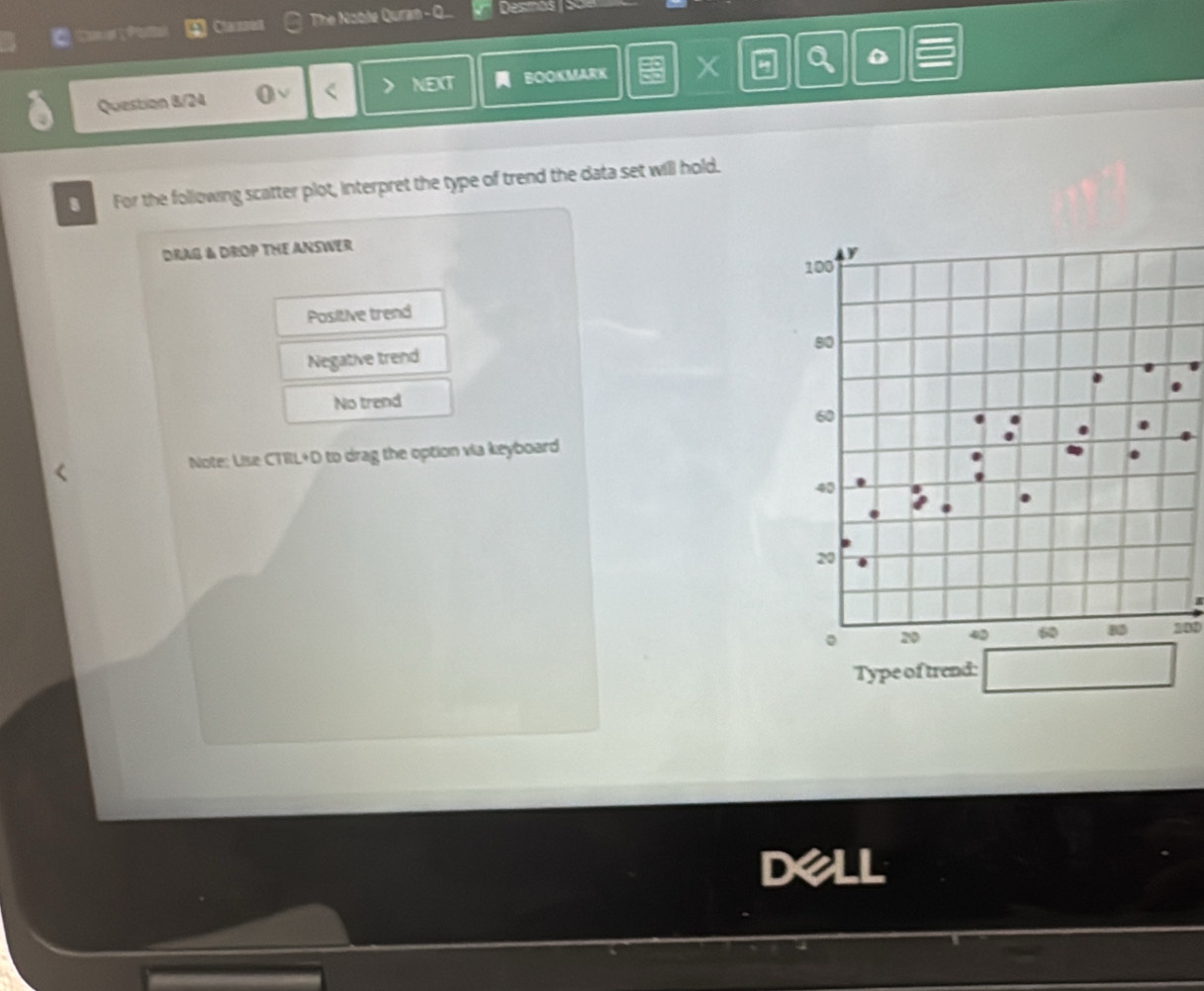 Classes The Noble Quran - Q... Dexmás /só
Question 8/24 BOOKMARK X D
NEXT
For the following scatter plot, interpret the type of trend the data set will hold.
DRAG & DROP THE ANSWER
Positive trend
Negative trend
No trend
Note: Lise CTIIL+D to drag the option via keyboard
Dell