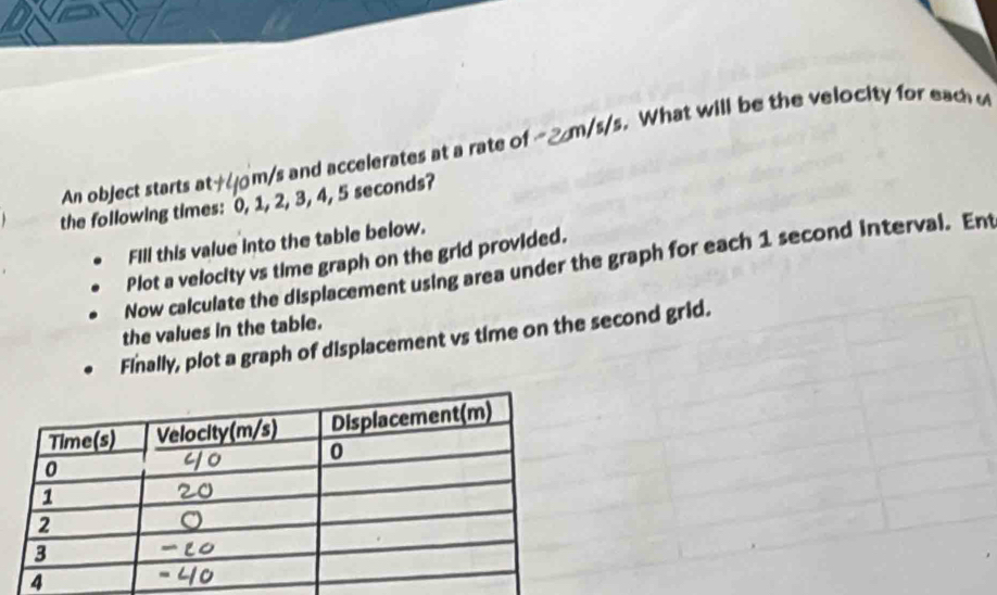 An object starts at om/s and accelerates at a rate of __ m/s/s. What will be the velocity for each 
the following times: 0, 1, 2, 3, 4, 5 seconds? 
Fill this value into the table below. 
Plot a velocity vs time graph on the grid provided. 
Now calculate the displacement using area under the graph for each 1 second interval. Ent 
the values in the table. 
Finally, plot a graph of displacement vs time on the second grid.