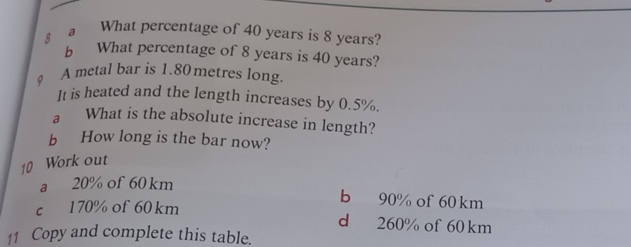 a What percentage of 40 years is 8 years?
b What percentage of 8 years is 40 years?
0 A metal bar is 1.80 metres long.
It is heated and the length increases by 0.5%.
a What is the absolute increase in length?
b How long is the bar now?
10 Work out
a 20% of 60 km
b 90% of 60 km
c 170% of 60 km d 260% of 60 km
11 Copy and complete this table.