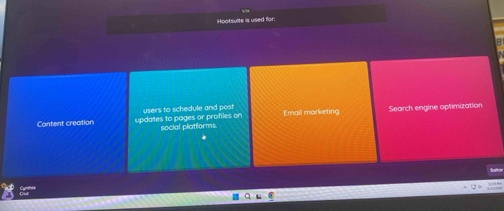 Hootsulte is used for: 
B 
users to schedule and post 
Content creation updates to pages or profiles on Emall marketing Search engine optimization 
social platforms. 
Saltor 
Cynthia 
3,fL3f292% 
Cruz