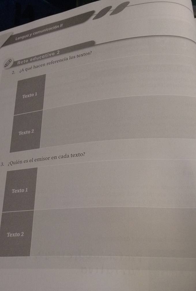 Lengua y comunicación II
Reto educativo 2
2. ¿A qué hacen referencia los textos?
Texto 1
Texto 2
3. ¿Quién es el emisor en cada texto?
Texto 1
Texto 2