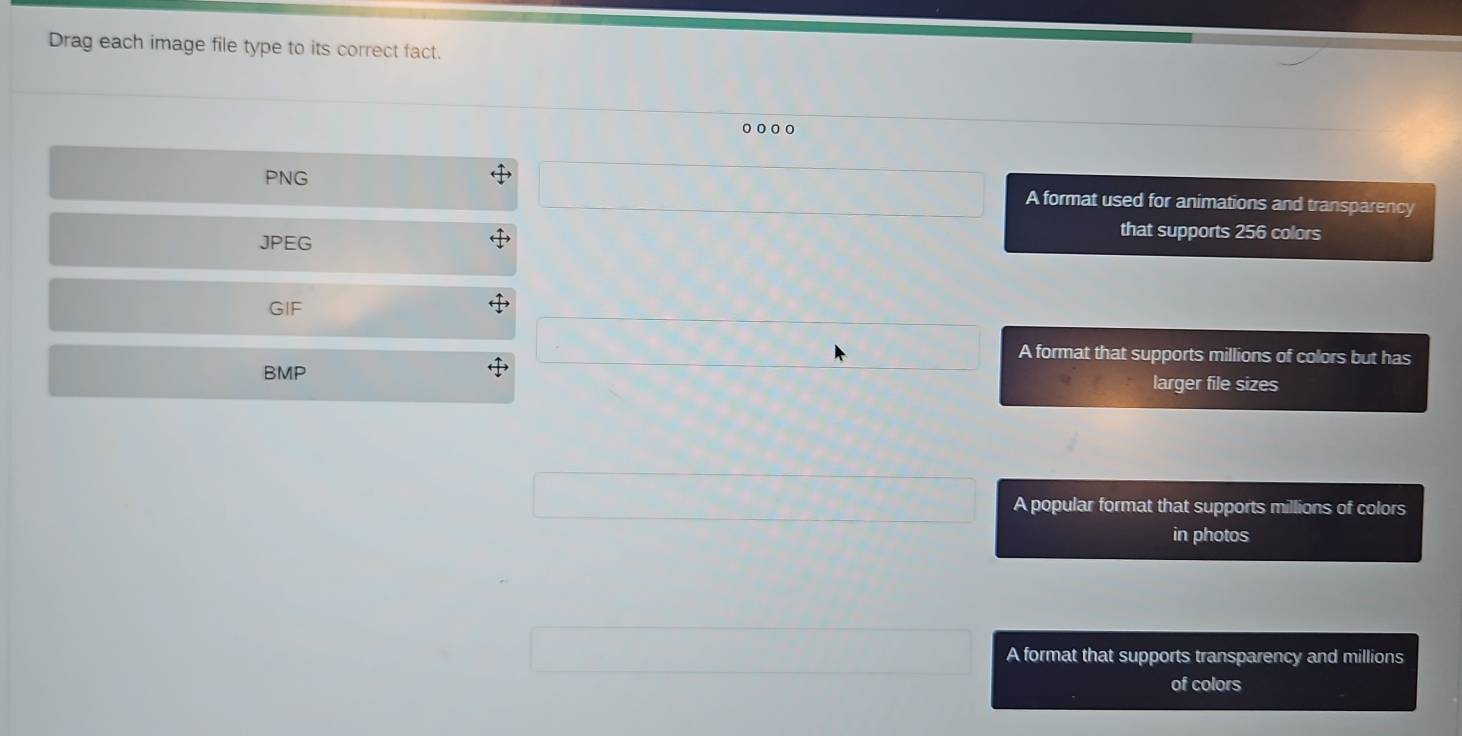 Solved: Drag each image file type to its correct fact. PNG A format ...