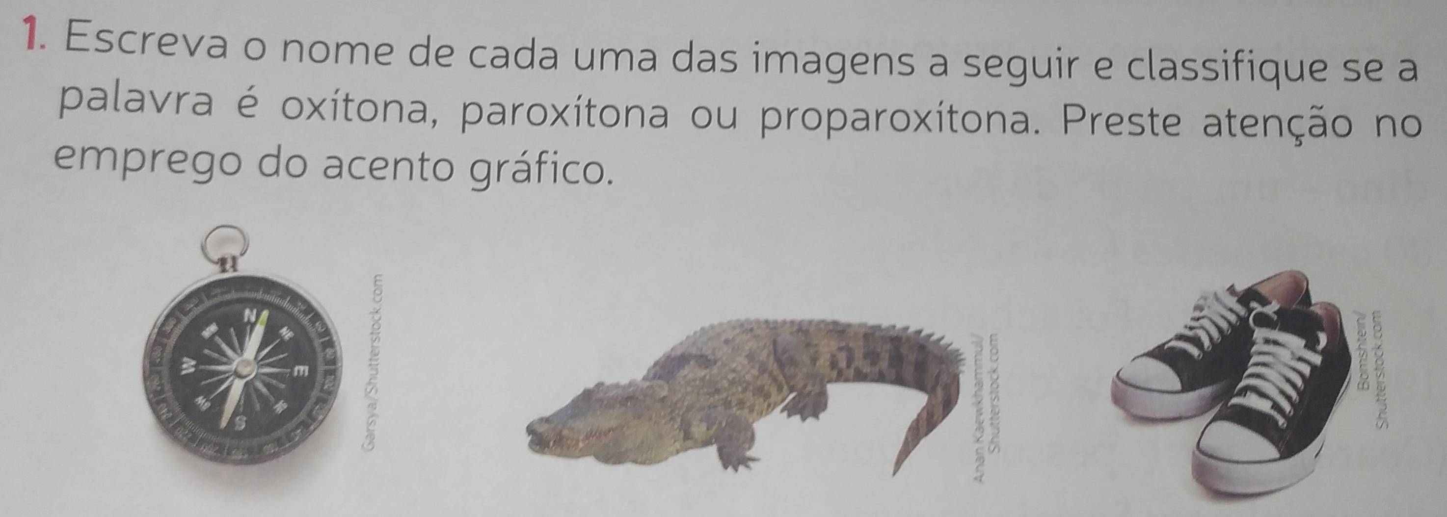 Escreva o nome de cada uma das imagens a seguir e classifique se a 
palavra é oxítona, paroxítona ou proparoxítona. Preste atenção no 
emprego do acento gráfico.