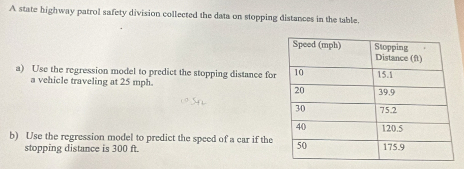 A state highway patrol safety division collected the data on stopping distances in the table. 
a) Use the regression model to predict the stopping distance for 
a vehicle traveling at 25 mph. 
b) Use the regression model to predict the speed of a car if the 
stopping distance is 300 ft.