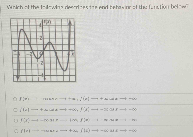 Which of the following describes the end behavior of the function below?
f(x)to -∈fty asxto +∈fty ,f(x)to +∈fty asxto -∈fty
f(x)to +∈fty asxto +∈fty ,f(x)to -∈fty asxto -∈fty
f(x)to +∈fty asxto +∈fty ,f(x)to +∈fty asxto -∈fty
f(x)to -∈fty asxto +∈fty ,f(x)to -∈fty asxto -∈fty