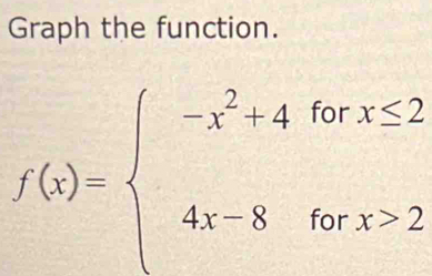 Graph the function.
f(x)=beginarrayl -x^2+4forx≤ 2 4x-8forx>2endarray.