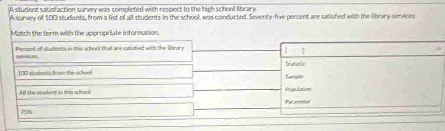 A student satisfaction survey was completed with respect to the high school library. 
A survey of 100 students, from a list of all students in the school, was conducted. Seventy-five percent are satisfied with the library services