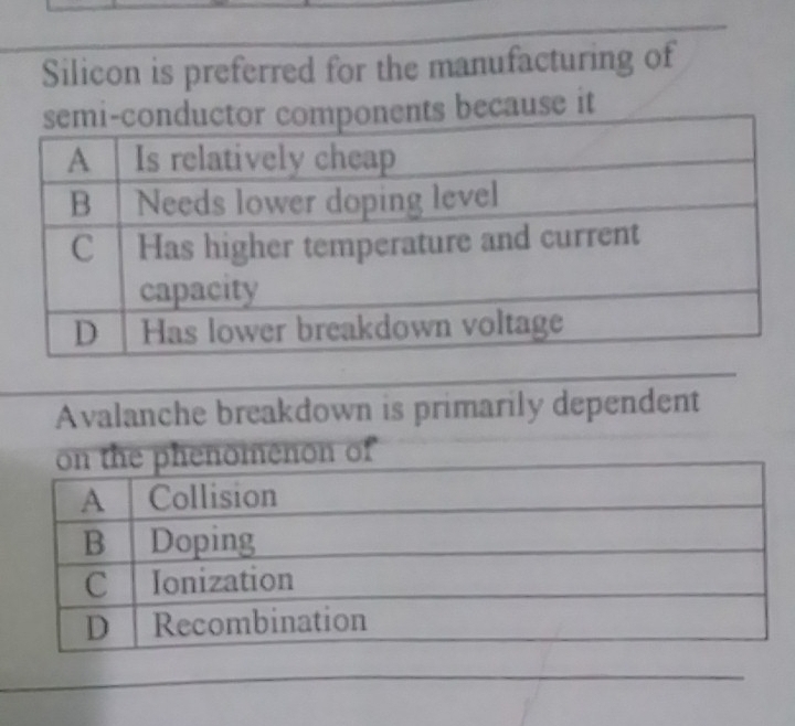 Silicon is preferred for the manufacturing of
ponents because it
Avalanche breakdown is primarily dependent
on the phenomenon of
A Collision
B Doping
C Ionization
D Recombination