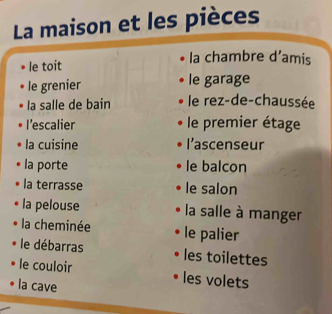 La maison et les pièces 
le toit 
la chambre d'amis 
le grenier 
le garage 
la salle de bain 
le rez-de-chaussée 
l’escalier le premier étage 
la cuisine l’ascenseur 
la porte le balcon 
la terrasse le salon 
la pelouse la salle à manger 
la cheminée le palier 
le débarras les toilettes 
le couloir les volets 
la cave