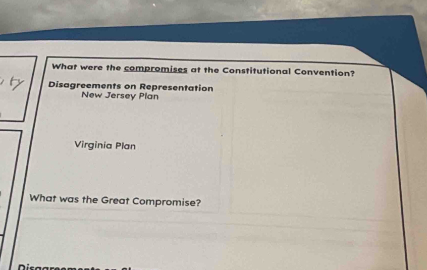 What were the compromises at the Constitutional Convention?
Disagreements on Representation
New Jersey Plan
Virginia Plan
What was the Great Compromise?