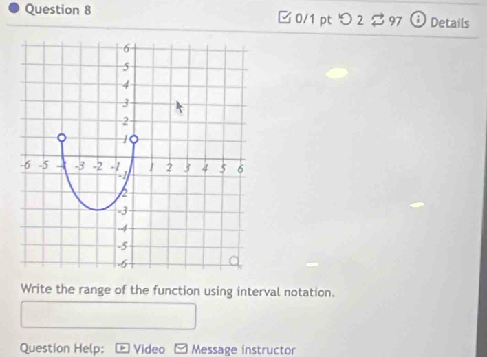 つ 2%97 Details 
Write the range of the function using interval notation. 
Question Help: Video Message instructor