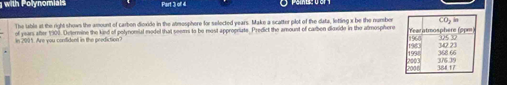with Polynomials Part 3 of 4  Points: 0 of 
The table at the right shows the amount of carbon dioxide in the atmosphere for selected years. Make a scatter plot of the data, letting x be the number
of years after 1900. Determine the kind of polynomial model that seems to be most appropriate. Predict the amount of carbon dioxide in the atmosphere
in 2001. Are you confident in the prediction?