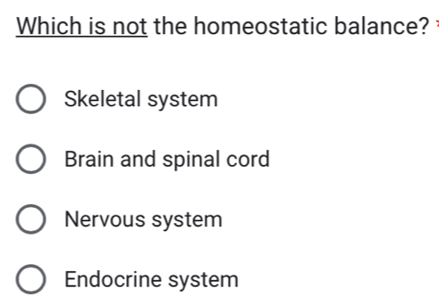 Which is not the homeostatic balance?
Skeletal system
Brain and spinal cord
Nervous system
Endocrine system