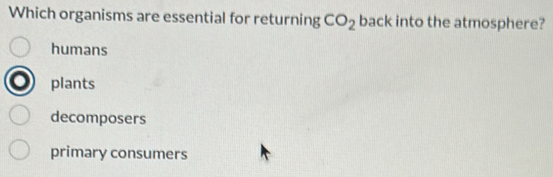 Which organisms are essential for returning CO_2 back into the atmosphere?
humans
plants
decomposers
primary consumers