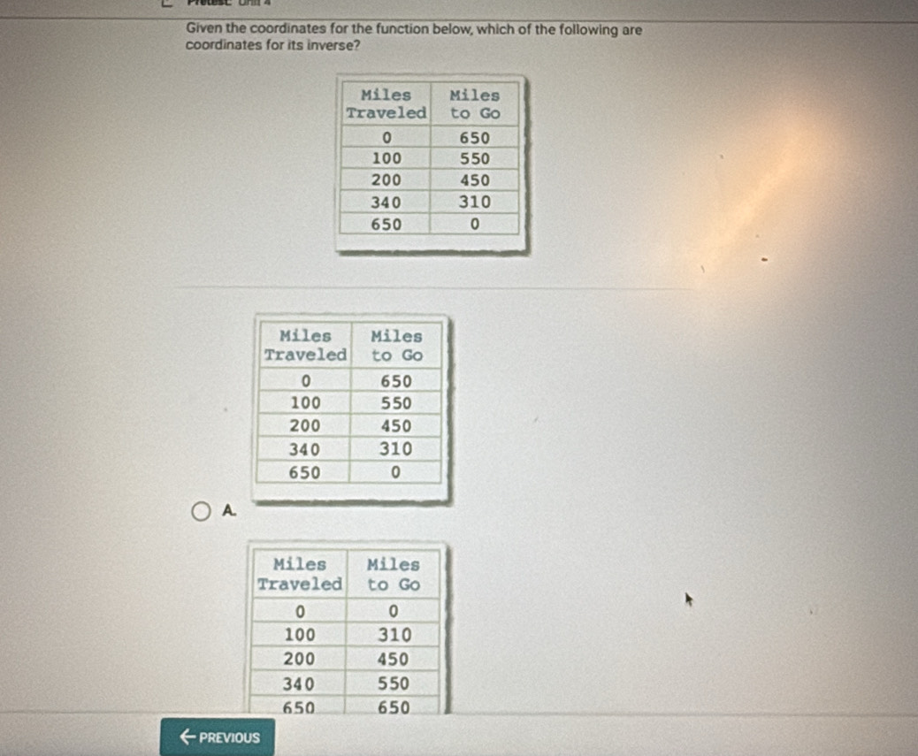 Given the coordinates for the function below, which of the following are
coordinates for its inverse?
A
PREVIOUS