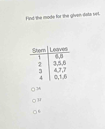 Find the mode for the given data set.
34
37
6