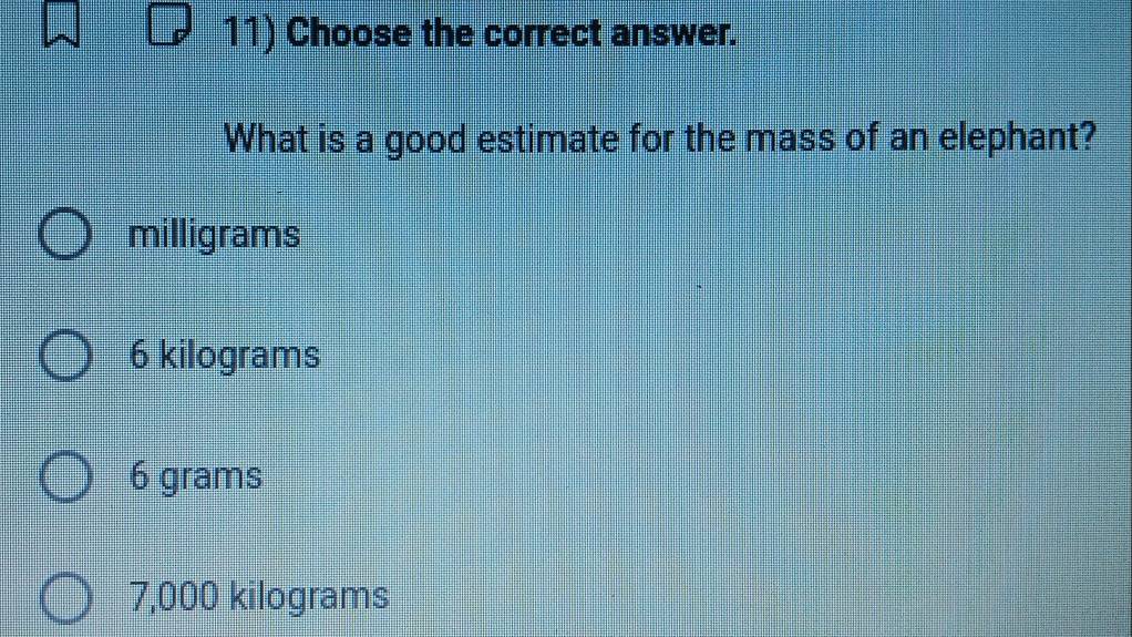 Choose the correct answer.
What is a good estimate for the mass of an elephant?
milligrams
6 kilograms
6 grams
7,000 kilograms