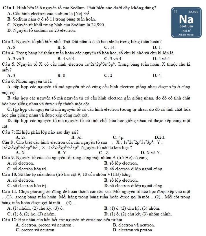 Hình bên là ô nguyên tố của Sodium. Phát biểu nào đưới đây không đúng?
11
A. Cầu hình electron của sodium là [Ne] 3s^1. 22.990
B. Sodium nằm ở ô số 11 trong bảng tuần hoàn.
Na
C. Nguyên tử khổi trung bình của Sodium là 22,990. Sodium
D. Nguyên tử sodium có 23 electron. 3s^1
[Ne]
Alkali metel
Câu 2. Nguyên tổ phổ biển nhất Trái Đất nằm ở ô số bao nhiêu trong bảng tuần hoàn?
A. 8. B. 6. C. 14. D. 1.
Câu 4. Trong bảng hệ thống tuần hoàn các nguyên tổ hóa học, số chu kì nhỏ và chu kỉ lớn là
A. 3 và 3. B. 4 và 3. C. 3 và 4. D. 4 và 4.
Câu 5. Nguyên tố X có cầu hình electron 1s^22s^22p^63s^23p^6 Trong bảng tuần hoàn, X thuộc chu kì
mẩy?
A. 3. B. 8. C. 2. D. 4.
Câu 6. Nhóm nguyên tố là
A. tập hợp các nguyên tổ mà nguyên tử có cùng cấu hình electron giống nhau được xếp ở cùng
một cột.
B. tập hợp các nguyên tổ mà nguyên tử có cấu hình electron gần giống nhau, do đó có tính chất
hóa học giống nhau và được xếp thành một cột.
C. tập hợp các nguyên tổ mà nguyên tử có cẩu hình electron tương tự nhau, do đó có tỉnh chất hóa
học gần giống nhau và được xếp cùng một cột.
D. tập hợp các nguyên tổ mà nguyên tử có tỉnh chất hóa học giống nhau và được xếp cùng một
cột.
Câu 7: Ki hiệu phân lớp nào sau đây sai?
A. 2s. B. 3d. C. 4p. D.2d.
Câu 8 : Cho biết cầu hình electron của các nguyên tổ sau: X:1s^22s^22p^63s^23p^4:Y.
1s^22s^22p^63s^23p^64s^2;Z:1s^22s^22p^63s^23p^6. Nguyên tổ nào là kim loại ?
A. X . B. Y. C. Z. D. X và Y.
Câu 9. Nguyên tử của các nguyên tổ trong cùng một nhóm A (trừ He) có cùng
A. số electron. B. số lớp electron.
C. số electron hóa trị. D. số electron ở lớp ngoài cùng.
Câu 10. Số thứ tự của nhóm (trừ hai cột 9, 10 của nhóm VIIIB) bằng
A. số electron. B. số lớp electron.
C. số electron hóa trị. D. số electron ở lớp ngoài cùng.
Câu 11. Chọn phương án đúng để hoàn thành các câu sau: Mỗi nguyên tổ hóa học được xếp vào một
(1)...trong bảng tuần hoàn. Mỗi hàng trong bảng tuần hoàn được gọi là một ...(2)...Mỗi cột trong
bảng tuần hoàn được gọi là một ...(3)...
A. (1) nhóm, (2) chu kỳ, (3) ô. B. (1) ô, (2) chu kỳ, (3) nhóm.
C. (1) δ, (2) họ, (3) nhóm. D. (1) ô, (2) chu kỳ, (3) nhóm chính.
Câu 12: Hạt nhân của hầu hết các nguyên tử được tạo nên từ hạt
A. electron, proton và neutron . B. electron và neutron.
C. proton và neutron. D. electron và proton.