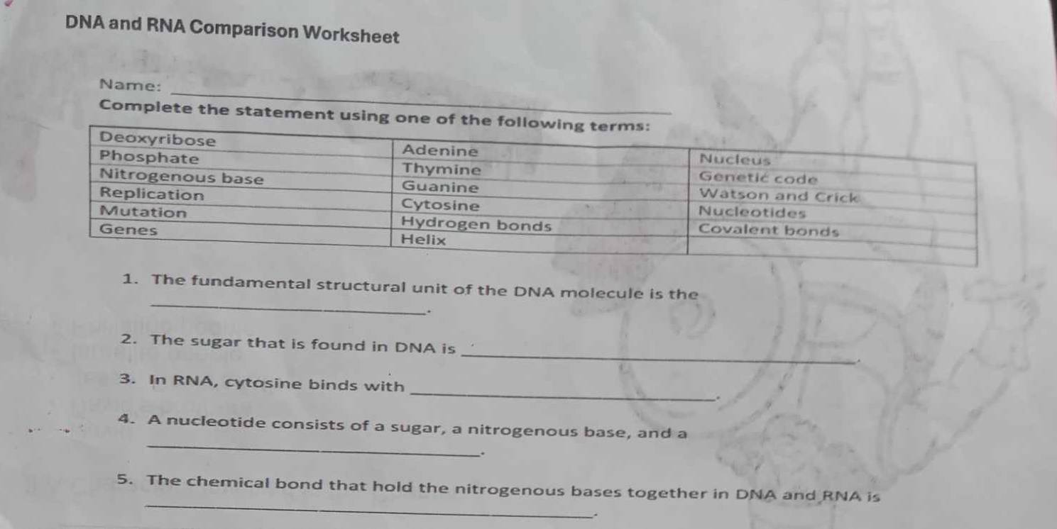 DNA and RNA Comparison Worksheet 
_ 
Name: 
Complete the statement us 
_ 
1. The fundamental structural unit of the DNA molecule is the 
. 
_ 
2. The sugar that is found in DNA is 
3. In RNA, cytosine binds with _. 
_ 
4. A nucleotide consists of a sugar, a nitrogenous base, and a 
. 
_ 
5. The chemical bond that hold the nitrogenous bases together in DNA and RNA is 
.