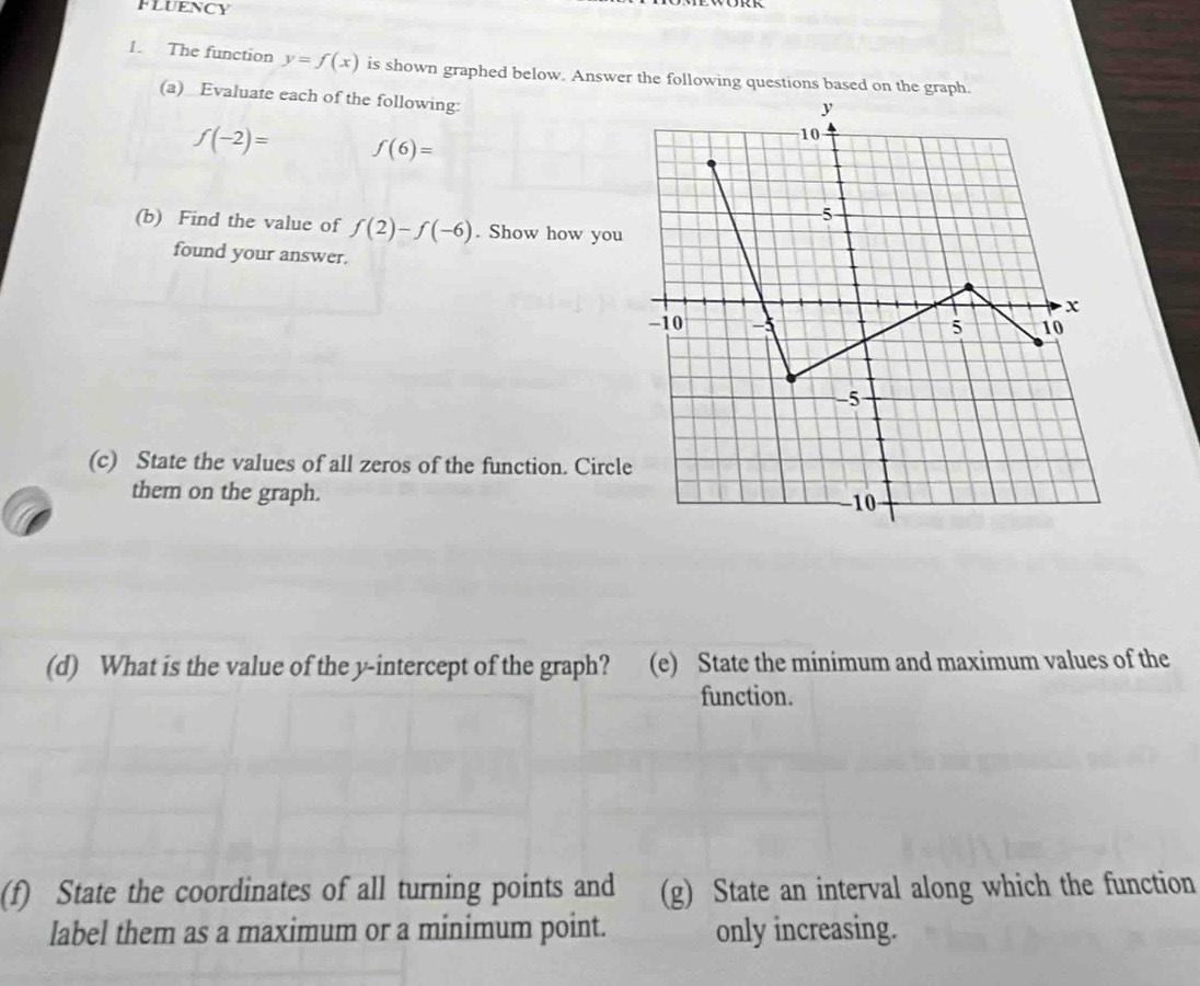 FLUENCY 
1. The function y=f(x) is shown graphed below. Answer the following questions based on the graph. 
(a) Evaluate each of the following:
f(-2)= f(6)=
(b) Find the value of f(2)-f(-6). Show how you 
found your answer. 
(c) State the values of all zeros of the function. Circl 
them on the graph. 
(d) What is the value of the y-intercept of the graph? (e) State the minimum and maximum values of the 
function. 
(f) State the coordinates of all turning points and (g) State an interval along which the function 
label them as a maximum or a minimum point. only increasing.