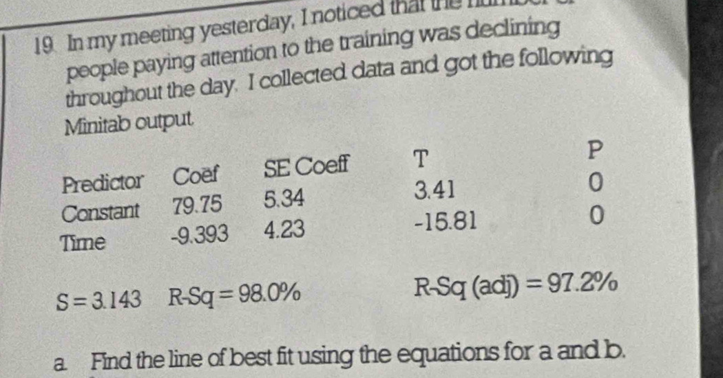 In my meeting yesterday, I noticed that the m 
people paying attention to the training was declining 
throughout the day. I collected data and got the following 
Minitab output 
Predictor Coef SE Coeff T 
P
0
Constant 79.75 5.34
3.41
0
Time -9.393 4.23
-15.81
S=3.143 R-Sq=98.0%
R-Sq(adj)=97.2%
a. Find the line of best fit using the equations for a and b.