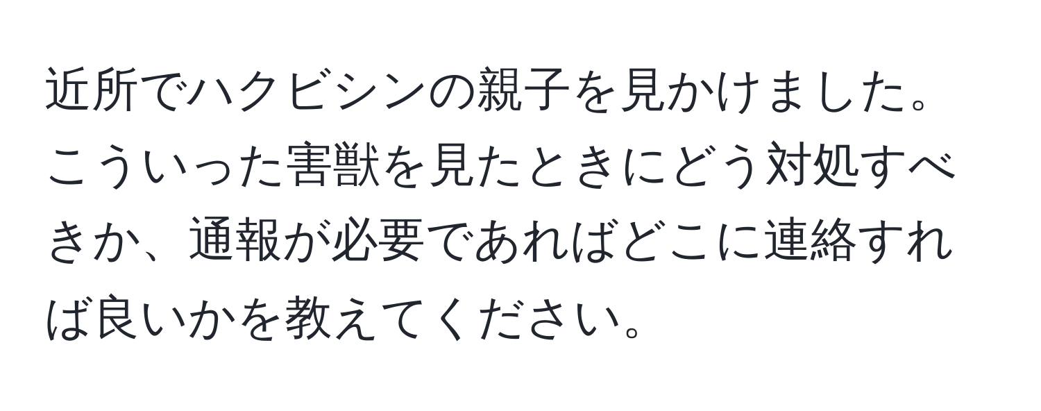 近所でハクビシンの親子を見かけました。こういった害獣を見たときにどう対処すべきか、通報が必要であればどこに連絡すれば良いかを教えてください。