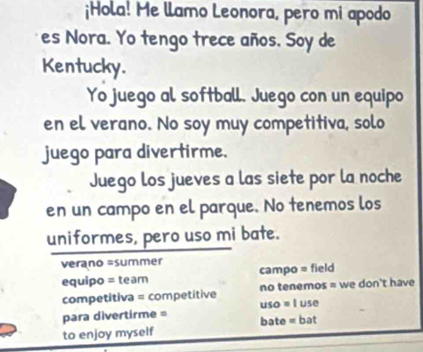 ¡Hola! Me llamo Leonora, pero mi apodo 
es Nora. Yo tengo trece años. Soy de 
Kentucky. 
Yo juego al softball. Juego con un equipo 
en el verano. No soy muy competitiva, solo 
juego para divertirme. 
Juego los jueves a las siete por la noche 
en un campo en el parque. No tenemos los 
uniformes, pero uso mi bate. 
verano =summer 
equipo = tear campo = field 
competitiva = competitive no tenemos = we don't have 
para divertirme = uso = I use 
to enjoy myself bate = bat