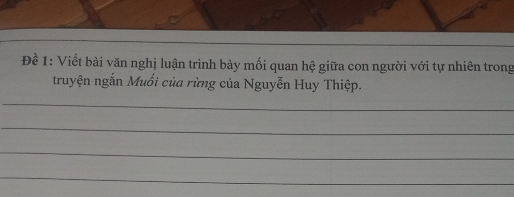 Đềể 1: Viết bài văn nghị luận trình bày mối quan hệ giữa con người với tự nhiên trong 
truyện ngắn Muối của rừng của Nguyễn Huy Thiệp. 
_ 
_ 
_ 
_