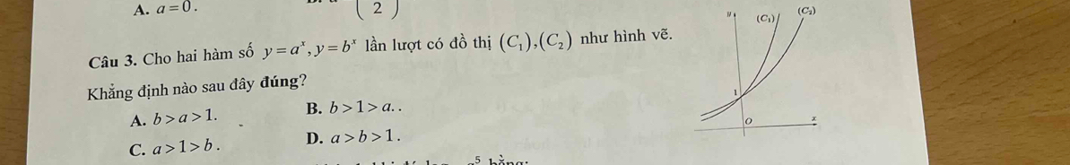 A. a=0. ( 2 ) 
Câu 3. Cho hai hàm số y=a^x,y=b^x lần lượt có đồ thị (C_1),(C_2) như hình vẽ.
Khẳng định nào sau đây đúng?
A. b>a>1. B. b>1>a..
C. a>1>b. D. a>b>1.