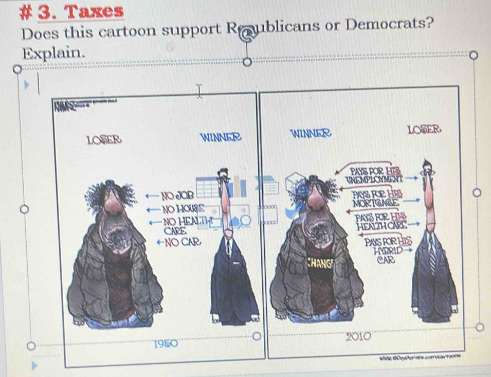 a 3. Taxes 
Does this cartoon support Ro ublicans or Democrats? 
Explain. 

LOSER WINNER WINNER LOSER 
O JOB 
O HOUE 
O HEALTH 
ARE 
NO CAR 
1950 2010 
1 i20 QaA e 2opvear toona