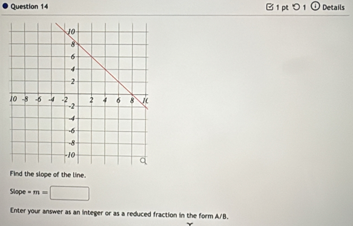 [ 1 pt つ 1 ① Details 
Find the slope of the line. 
Slope -m=
Enter your answer as an integer or as a reduced fraction in the form A/B.