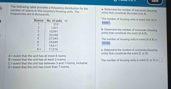 Save 
The following table provides a frequency distribution for the a. Determine the number of outcomes (housing 
number of rooms in this country's housing units. The units) that constitute the event (not A). 
frequencies are in thousands. 
The number of housing units in event (not A) is
84467. 
b. Determine the number of outcomes (housing 
units) that constitute the event (A & B). 
The number of housing units in event (A & B) is
35760. 
c. Determine the number of outcomes (housing 
units) that constitute the event (C or D)
A= event that the unit has at most 4 rooms
B= event that the unit has at least 2 rooms The number of housing units in event (C or D) is □
C= event that the unit has between 5 and 7 rooms, inclusive
D= event that the unit has more than 7 rooms