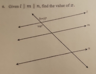 Given l||m||n , find the value of x.