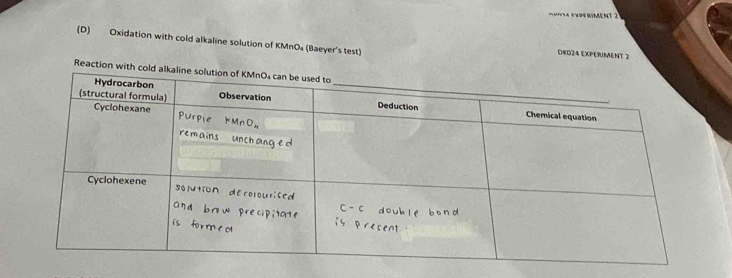 uNTa expériment 2 
(D) Oxidation with cold alkaline solution of KMnO₄ (Baeyer's test) 
DKD24 EXPERIMENT 2 
Reactio