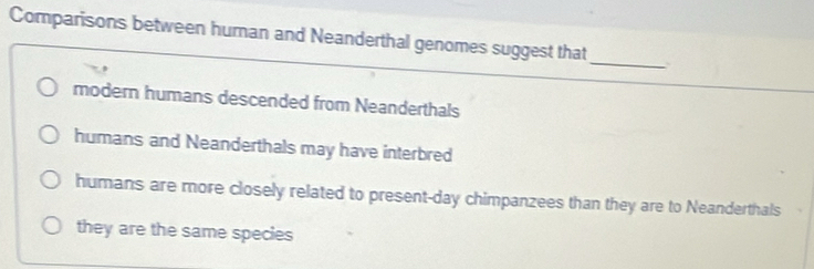 Comparisons between hurnan and Neanderthal genomes suggest that
_
modern humans descended from Neanderthals
humans and Neanderthals may have interbred
humans are more closely related to present-day chimpanzees than they are to Neanderthals
they are the same species