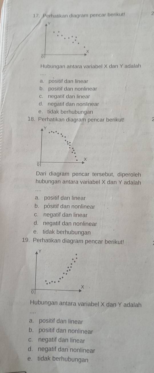 Perhatikan diagram pencar berikut! 2
Y
×
o
Hubungan antara variabel X dan Y adalah
a. positif dan linear
b. positif dan nonlinear
c. negatif dan linear
d. negatif dan nonlinear
e. tidak berhubungan
18. Perhatikan diagram pencar berikut!
Y
×
of
Dari diagram pencar tersebut, diperoleh
hubungan antara variabel X dan Y adalah
a. positif dan linear
b. pósitif dan nonlinear
c. negatif dan linear
d. negatif dan nonlinear
e. tidak berhubungan
19. Perhatikan diagram pencar berikut!
Y
o
Hubungan antara variabel X dan Y adalah
. .
a. positif dan linear
b. positif dan nonlinear
c. negatif dan linear
d. negatif dan nonlinear
e. tidak berhubungan