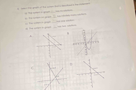 Select the graph of the system that is described in the statement.
a) The system in graph _has no solutions.
b) The system on graph _has infinitely many solutions.
c] The system in graph. _has one solution.
d) The system in graph _has two solutions.
B
A
D
C