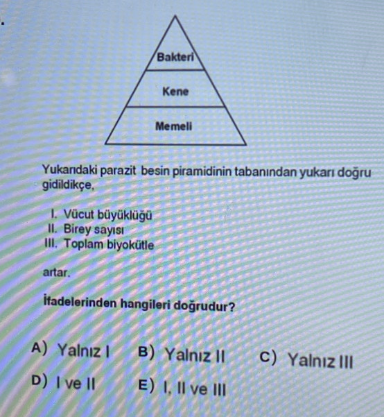 Yukarıdaki parazit besin piramidinin tabanından yukarı doğru
gidildikçe,
I. Vücut büyüklüğü
II. Birey sayısı
III. Toplam biyokütle
artar.
fadelerinden hangileri doğrudur?
A) Yalnız I B) Yalnız II C Yalnız III
DIveⅡ E) I, Il ve III