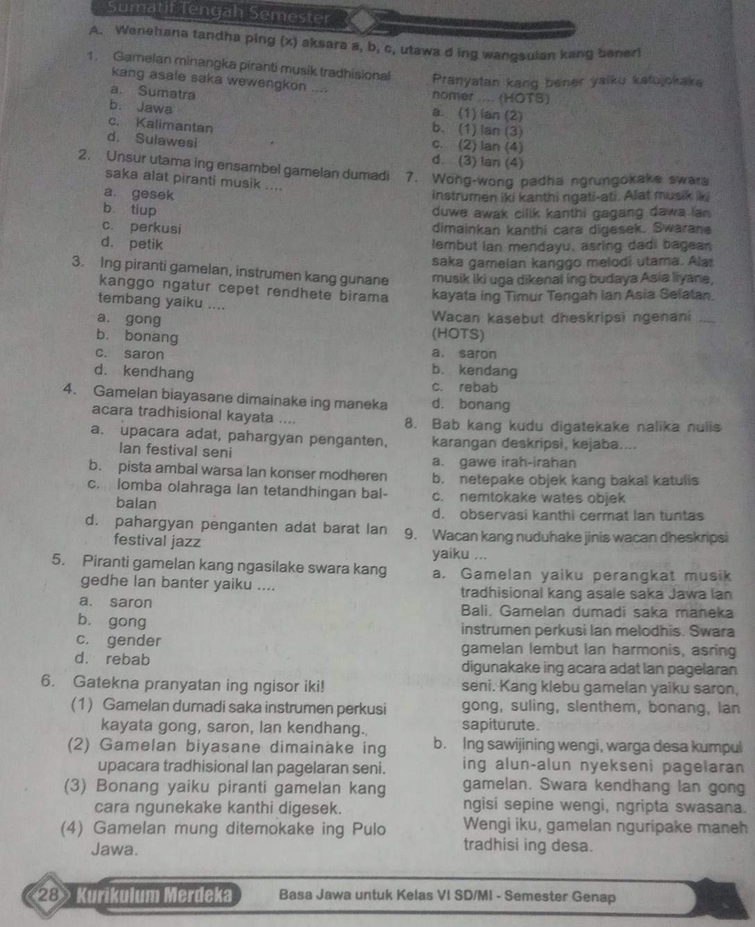 Sumatif Tengah Semester
A. Wenehana tandha ping (x) aksara a, b, c, utawa d ing wangsulan kang bener!
1. Gamelan minangka piranti musik tradhisional Pranyatan kang bener yaiku katujokake
kang asale saka wewengkon .... nomer .... (HOTS)
a. Sumatra
b. Jawa
a. (1) lan (2)
c. Kalimantan
b. (1) lan (3)
d. Sulawesi
c. (2) lan (4)
d. (3) lan (4)
2. Unsur utama ing ensambel gamelan dumadi 7. Wong-wong padha ngrungokake swars
saka alat piranti musik ....
a. gesek instrumen iki kanthi ngati-ati. Alat musik iki
b. tiup duwe awak cilik kanthi gagang dawa lan .
c. perkusi dimainkan kanthi cara digesek. Swarane
d. petik lembut Ian mendayu, asring dadi bagean
saka gamelan kanggo melodi utama. Alat
3. Ing piranti gamelan, instrumen kang gunane musik iki uga dikenal ing budaya Asia liyane,
kanggo ngatur cepet rendhete birama kayata ing Timur Tengah Ian Asia Selatan.
tembang yaiku ....
Wacan kasebut dheskripsi ngenani
a. gong (HOTS)
b. bonang
a. saron
c. saron b. kendang
d. kendhang
c. rebab
4. Gamelan biayasane dimainake ing maneka d. bonang
acara tradhisional kayata ....
8. Bab kang kudu digatekake nalika nulis
a. upacara adat, pahargyan penganten, karangan deskripsi, kejaba....
Ian festival seni
a. gawe irah-irahan
b. pista ambal warsa lan konser modheren b. netepake objek kang bakal katulis
c. lomba olahraga lan tetandhingan bal- c. nemtokake wates objek
balan
d. observasi kanthi cermat lan tuntas
d. pahargyan penganten adat barat lan 9. Wacan kang nuduhake jinis wacan dheskripsi
festival jazz
yaiku ...
5. Piranti gamelan kang ngasilake swara kang a. Gamelan yaiku perangkat musik
gedhe lan banter yaiku ....
tradhisional kang asale saka Jawa lan
a. saron Bali. Gamelan dumadi saka maneka
b. gong instrumen perkusi Ian melodhis. Swara
c. gender gamelan lembut Ian harmonis, asring
d. rebab digunakake ing acara adat lan pagelaran
6. Gatekna pranyatan ing ngisor iki! seni. Kang klebu gamelan yaiku saron,
(1) Gamelan dumadi saka instrumen perkusi gong, suling, slenthem, bonang, lan
kayata gong, saron, lan kendhang. sapiturute.
(2) Gamelan biyasane dimainake ing b. Ing sawijining wengi, warga desa kumpul
upacara tradhisional lan pagelaran seni. ing alun-alun nyekseni pagelaran
(3) Bonang yaiku piranti gamelan kang
gamelan. Swara kendhang lan gong
cara ngunekake kanthi digesek. ngisi sepine wengi, ngripta swasana.
(4) Gamelan mung ditemokake ing Pulo
Wengi iku, gamelan nguripake maneh
Jawa.
tradhisi ing desa.
28 Kurikulum Merdeka Basa Jawa untuk Kelas VI SD/MI - Semester Genap