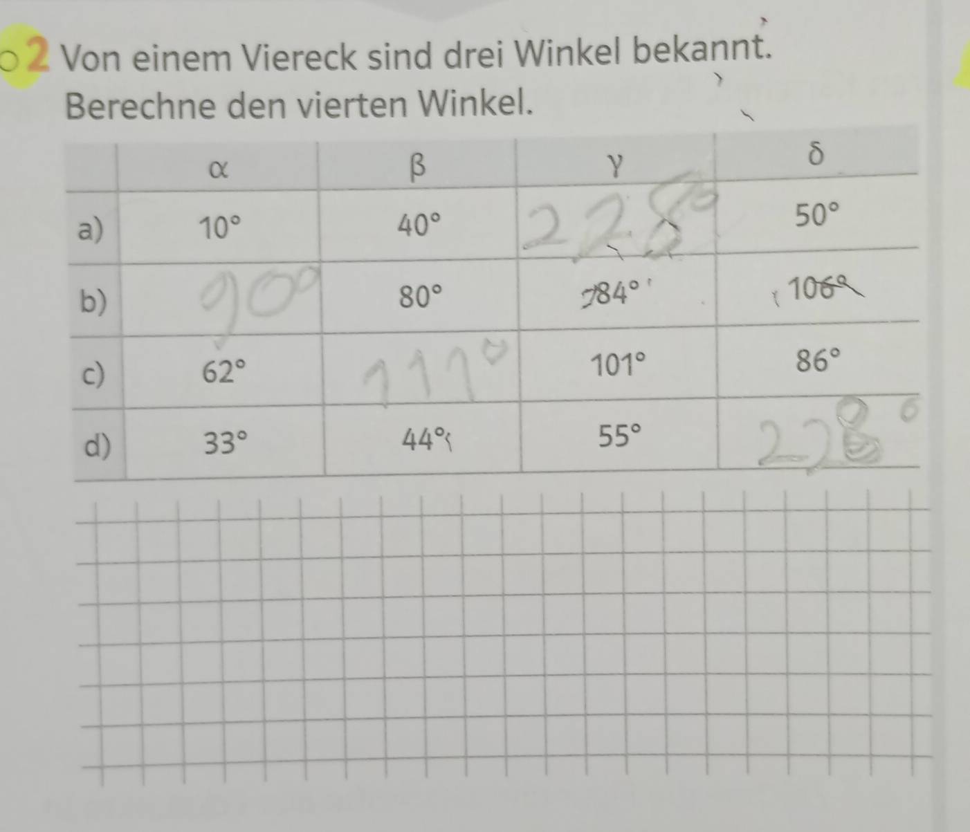 Von einem Viereck sind drei Winkel bekannt.
Berechne den vierten Winkel.