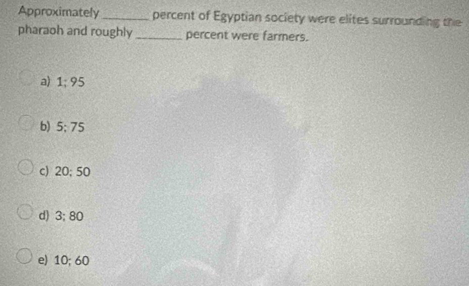 Approximately _percent of Egyptian society were elites surrounding the
pharaoh and roughly _percent were farmers.
a) 1; 95
b) 5; 75
c) 20; 50
d) 3; 80
e) 10; 60