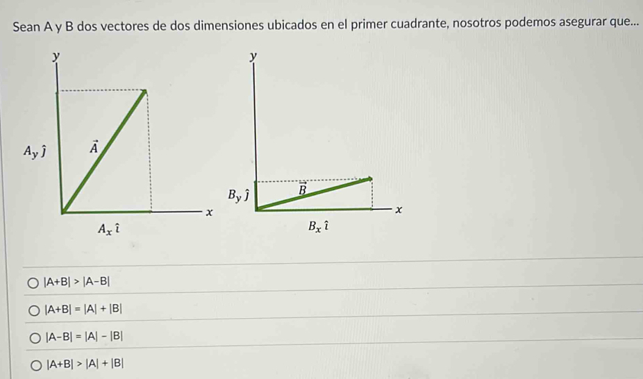 Sean A y B dos vectores de dos dimensiones ubicados en el primer cuadrante, nosotros podemos asegurar que...
|A+B|>|A-B|
|A+B|=|A|+|B|
|A-B|=|A|-|B|
|A+B|>|A|+|B|