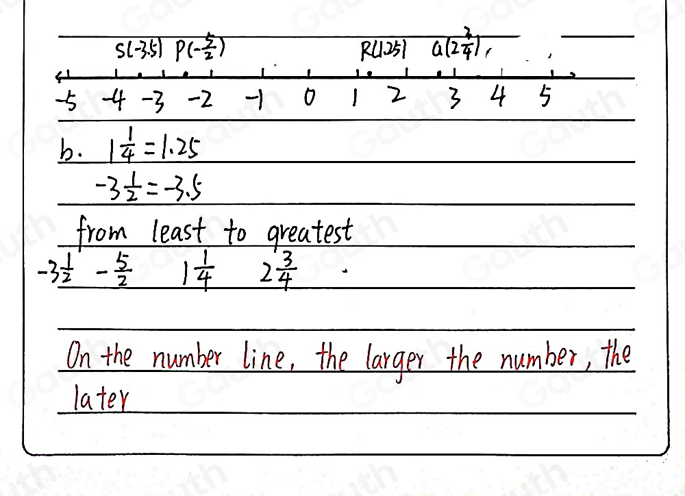 S(-3.5) P(- 5/2 )
R(1.25) a(2 3/4 ) (
5 4 -3 -2 -1 o 2 3 4 5
b. 1 1/4 =1.25
-3 1/2 =-3.5
from least to greatest
-3 1/2 - 5/2  1 1/4  2 3/4 
On the number line, the larger the number, the 
later