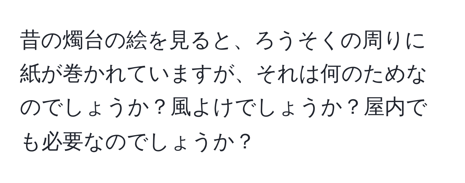 昔の燭台の絵を見ると、ろうそくの周りに紙が巻かれていますが、それは何のためなのでしょうか？風よけでしょうか？屋内でも必要なのでしょうか？