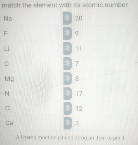 match the element with its atomic number 
Na
20
F
9
Li
11
7
Mg 8
N
 17
Cl
12
Ca
3
All items must be pinned. Drag an item to pin it.